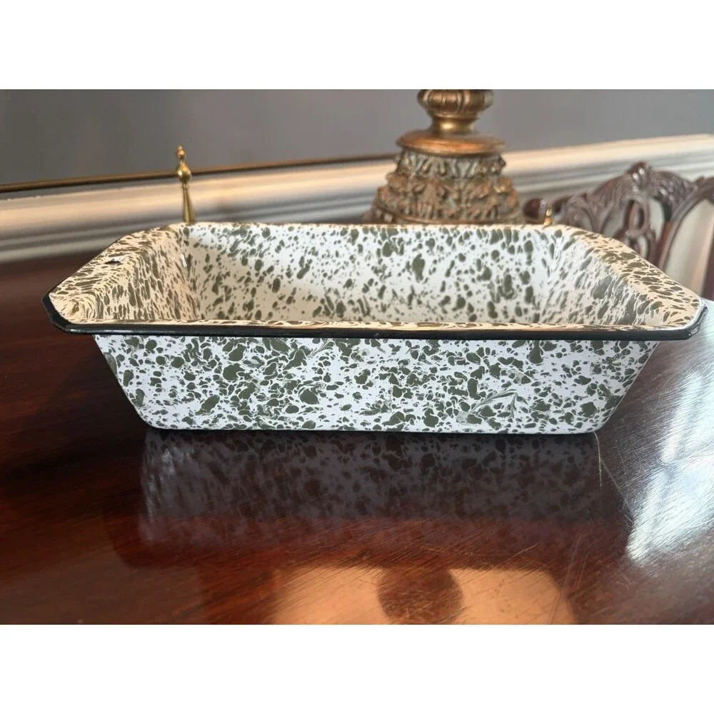 Vintage Olive Green and White Splatterware Enamelware Loaf Pan Excellent